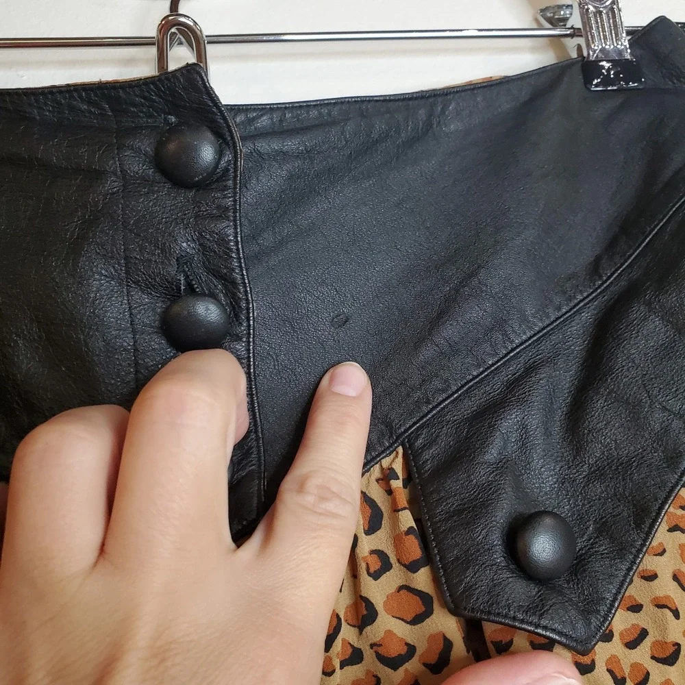 Bellino Paris Moda Leopard Print Maxi Skirt Black Leather Trim Button Front Sz 8